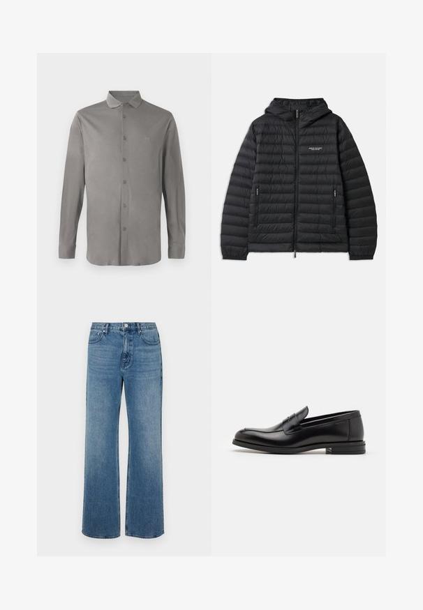 Μαύρο επενδυμένο μπουφάν με κουκούλα, μπροστινό φερμουάρ και δύο πλαινές τσέπες. Διαθέτει λογότυπο στο αριστερό μέρος του στήθους και υφή με κουβερτούρα.; Γκρι μακρυμάνικο πουκάμισο από απαλό ύφασμα, με κουμπιά στο μπροστινό μέρος, κλασικό γιακά και διακριτό κεντημένο λογότυπο στο στήθος.; Φαρδιές μπλε τζιν φτιαγμένες από denim με ξεθωριασμένο φινίρισμα. Διαθέτει πέντε τσέπες, μπροστινό κλείσιμο με κουμπί και ευθύ κόψιμο.; Μαύρες δερμάτινες μπαλαρίνες με λεία υφή, στρογγυλή μύτη και διακοσμητική ταινία πάνω από το επάνω μέρος. Χαμηλός καπιτώνας, μινιμαλιστικός σχεδιασμός.