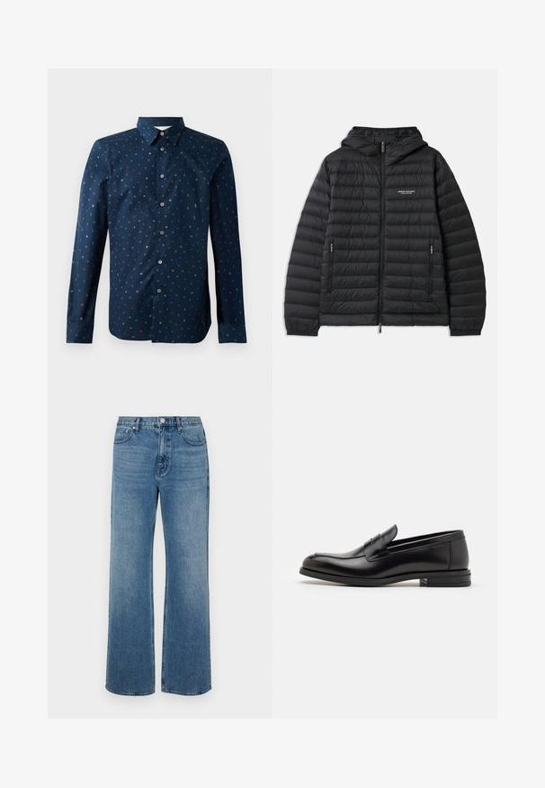 Vaatteet musta pehmustettu takki hupulla, edessä vetoketju ja kaksi sivutaskua. Oikealla rintakehässä logo ja teksturoitu, tikattu muotoilu.; Tummansininen nappikauluspaita, jossa on värikäs kirjainkuvio, pitkät hihat ja klassinen kaulus, säännöllinen istuvuus ja sileä pinta.; Levelederg blå jeans laget av denim med en falmet finish. Har fem lommer, glidelås foran og rett snitt.; Mustat nahkakengät, joissa on sileä pinta, pyöreä kärki ja koristeellinen nauha jalkapöydän yli. Matala pinoitu koroke, minimalistinen muotoilu.