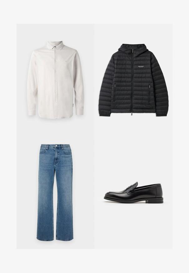 Juodasis paminkštintas švarkas su gobtuvu, priekiniais užtrauktukais ir dviem šoniniais kišenėmis. Kairėje krūtinės pusėje yra logotipas, o dizainas yra tekstūruotas, siuvinėtas.; Ilgų rankovių balta marška su apykakle ir subtiliu "A|X" logotipu išsiuvinėtu kairėje krūtinės pusėje.; Platus blaujos džinsai, pagaminti iš dėvėtos džinsinio audinio. Sukurtas su penkiomis kišenėmis, priekiniais sagčių uždarymu ir tiesiu kirpimu.; Juodos odinės loafers, turinčios lygų paviršių, apvalią noselę ir dekoratyvinę juostą per priekinę dalį. Žemas krentantis kulnas, minimalistinis dizainas.