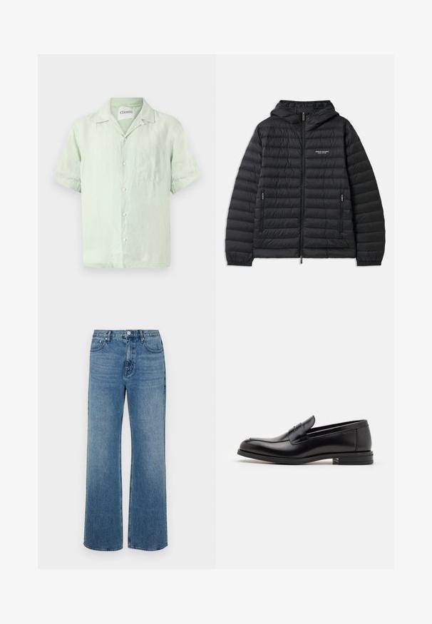 Vaatteet musta pehmustettu takki hupulla, edessä vetoketju ja kaksi sivutaskua. Oikealla rintakehässä logo ja teksturoitu, tikattu muotoilu.; Lyhythihainen, vaaleanvihreä pellavapaita, jossa on nappisuljenta, kaulus ja yksi rintatasku. Hellävarainen pinta ja rento istuvuus.; Levelederg blå jeans laget av denim med en falmet finish. Har fem lommer, glidelås foran og rett snitt.; Mustat nahkakengät, joissa on sileä pinta, pyöreä kärki ja koristeellinen nauha jalkapöydän yli. Matala pinoitu koroke, minimalistinen muotoilu.
