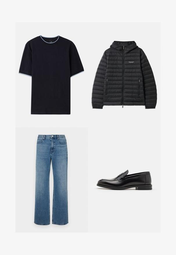 Vadderad svart jacka med huva, framdragkedja och två sidofickor. Har en logotyp på vänster bröst och en texturerad, kviltad design.; Mörkblå t-shirt med kort ärm och rund halsringning, med ljusblå detaljer vid kragen och ärmarna. Tillverkad av mjukt bomullstyg.; Vida blå jeans i vida ben av denim med en blekt finish. Har fem fickor, knappstängning fram och rak skärning.; Svarta läderloafers med en slät yta, rund tå och ett dekorativt band över främre delen. Låg staplad klack, minimalistisk design.