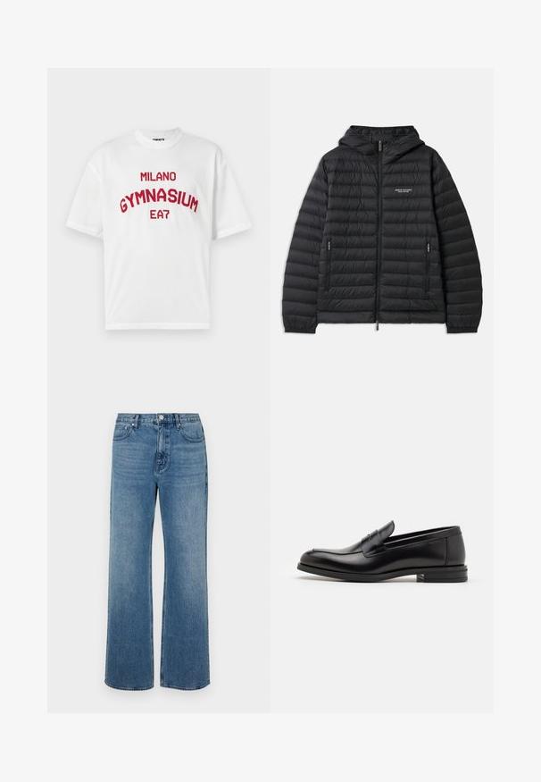 Padded black jacket with a hood, front zipper, and two side pockets. Features a logo on the left chest and textured, quilted design.; EA7 Emporio Armani Print T-shirt - star white; Wide-leg blue jeans made of denim with a faded finish. Features five pockets, a front button closure, and a straight cut.; Black leather loafers with a smooth texture, rounded toe, and a decorative strap across the vamp. Low stacked heel, minimalist design.