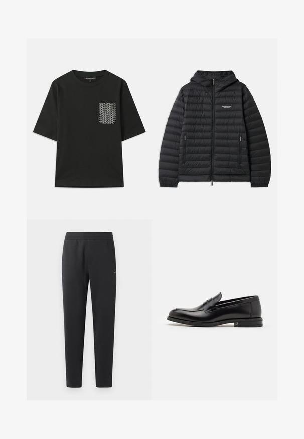 Casaco acolchoado preto com capuz, fecho frontal e dois bolsos laterais. Apresenta um logo no lado esquerdo do peito e um design texturizado e acolchoado.; T-shirt de algodão preto com decote redondo e mangas curtas. Apresenta um bolso com padrão do lado esquerdo com desenhos geométricos brancos.; Calças de treino pretas feitas de tecido suave, com um cós elástico, pernas retas e um pequeno detalhe de logotipo de um lado.; Mocassins de couro preto com uma textura suave, bico arredondado e uma faixa decorativa sobre o peito do pé. Salto baixo e empilhado, design minimalista.