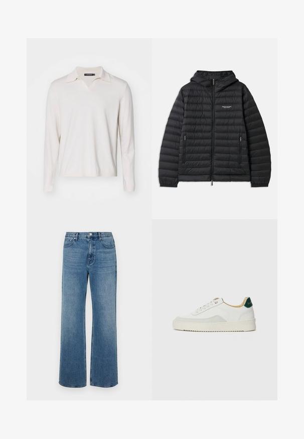 Vaatteet musta pehmustettu takki hupulla, edessä vetoketju ja kaksi sivutaskua. Oikealla rintakehässä logo ja teksturoitu, tikattu muotoilu.; Kermaru pitkähihaisen polo-paidan, jossa on V-kaula-aukko. Pehmeä kangas, ribatut hihat ja helma. Yksinkertainen muotoilu ilman kuvioita tai koristeita.; Levelederg blå jeans laget av denim med en falmet finish. Har fem lommer, glidelås foran og rett snitt.; Valkoiset tennarit, joissa on nahkaosia, pyöreä kärki, tasaiset nauhat ja kermaisa kumi-pohja. Takana vihreä brändäys.
