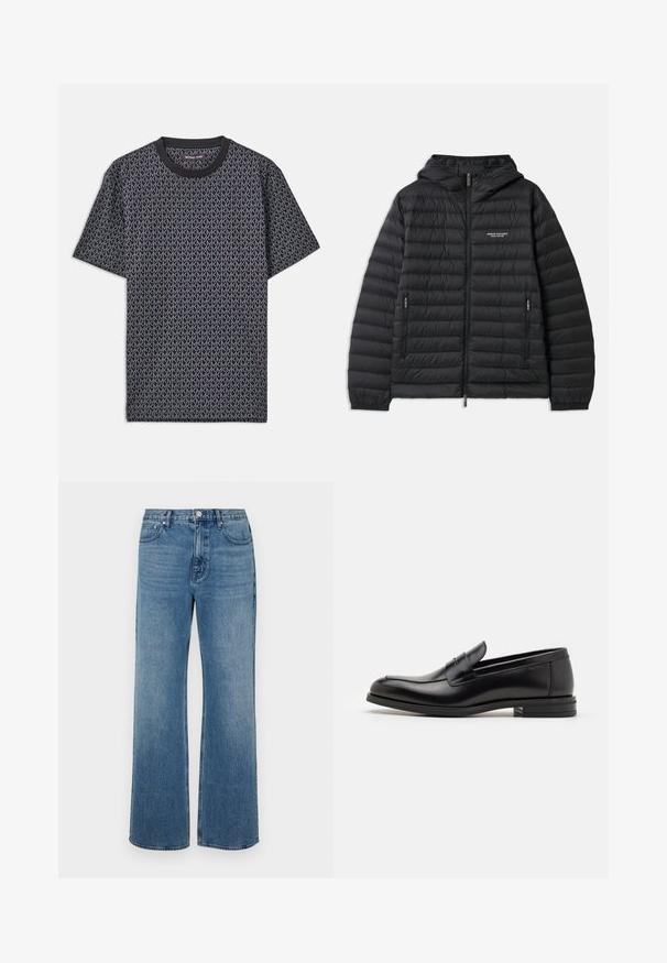 Chaqueta negra acolchada con capucha, cremallera frontal y dos bolsillos laterales. Presenta un logotipo en el pecho izquierdo y un diseño texturizado acolchado.; Camiseta negra de manga corta con un estampado geométrico "MK" por toda la prenda, cuello redondo acanalado y un tejido suave y texturizado.; Pantalones vaqueros de pierna ancha en denim con un acabado desgastado. Presenta cinco bolsillos, un cierre de botón en la parte delantera y un corte recto.; Mocasines de cuero negro con una textura suave, puntera redondeada y una tira decorativa en el empeine. Tacón bajo apilado, diseño minimalista.