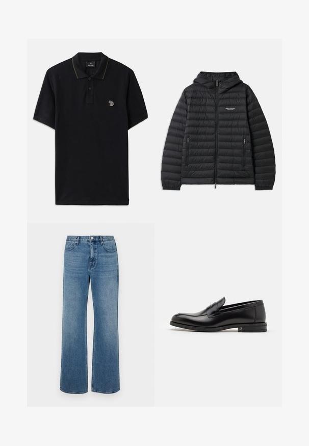 Vaatteet musta pehmustettu takki hupulla, edessä vetoketju ja kaksi sivutaskua. Oikealla rintakehässä logo ja teksturoitu, tikattu muotoilu.; Mustapaita, joka on valmistettu puuvillasta ja jossa on vihreä kaulustviimeistely. Vasemmassa rinnassa on pieni monivärinen norsun brodeeraus.; Levelederg blå jeans laget av denim med en falmet finish. Har fem lommer, glidelås foran og rett snitt.; Mustat nahkakengät, joissa on sileä pinta, pyöreä kärki ja koristeellinen nauha jalkapöydän yli. Matala pinoitu koroke, minimalistinen muotoilu.