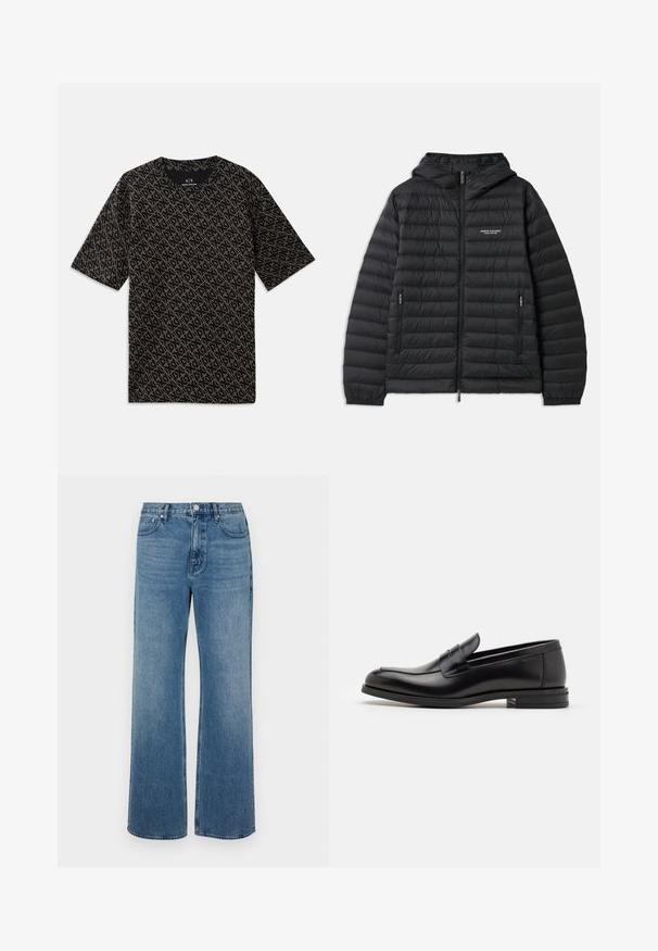 Padded black jacket with a hood, front zipper, and two side pockets. Features a logo on the left chest and textured, quilted design.; Black T-shirt featuring an all-over geometric pattern in gold. Short sleeves, round neck, lightweight fabric, casual fit.; Wide-leg blue jeans made of denim with a faded finish. Features five pockets, a front button closure, and a straight cut.; Black leather loafers with a smooth texture, rounded toe, and a decorative strap across the vamp. Low stacked heel, minimalist design.