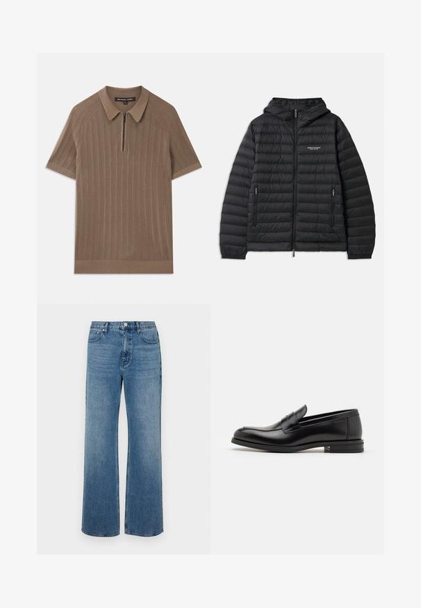 Podložena črna jakna s kapuco, sprednjim zadrgo in dvema stranskima žepoma. Ima logotip na levem prsnem delu in teksturiran, quilted dizajn.; Brahno rebrasto pleteno polo majica s kratkimi rokavi, ovratnikom in sprednjim polovičnim zadrgo, označeno z Michael Kors, velikost medium.; Modri široki jeans iz denima z izbledelim zaključkom. Imajo pet žepov, sprednje zapiranje na gumb in ravno krojenje.; Črne usnjene loafer čevlje z gladko teksturo, zaobljenim nosom in dekorativnim trakom čez zgornji del. Nizka zložena peta, minimalističen dizajn.