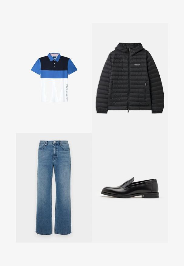 Chaqueta negra acolchada con capucha, cremallera frontal y dos bolsillos laterales. Presenta un logotipo en el pecho izquierdo y un diseño texturizado acolchado.; Polo de manga corta con un diseño en bloque de colores en marino, azul y blanco. Incluye un cuello con botones y un logo en el lado.; Pantalones vaqueros de pierna ancha en denim con un acabado desgastado. Presenta cinco bolsillos, un cierre de botón en la parte delantera y un corte recto.; Mocasines de cuero negro con una textura suave, puntera redondeada y una tira decorativa en el empeine. Tacón bajo apilado, diseño minimalista.