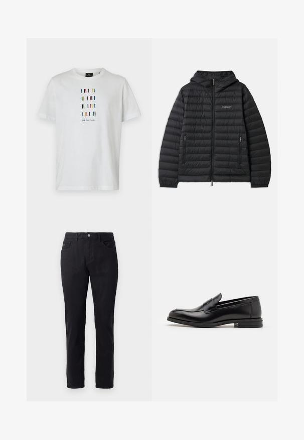 Casaco acolchoado preto com capuz, fecho frontal e dois bolsos laterais. Apresenta um logo no lado esquerdo do peito e um design texturizado e acolchoado.; T-shirt de algodão branco com riscas verticais multicoloridas e texto "PS Paul Smith" impresso a preto, decote redondo, mangas curtas.; Calças de algodão pretas com um design de perna reta, apresentando um fecho de botão, dois bolsos frontais e uma textura suave.; Mocassins de couro preto com uma textura suave, bico arredondado e uma faixa decorativa sobre o peito do pé. Salto baixo e empilhado, design minimalista.