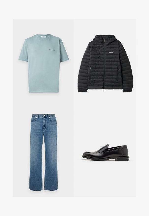 Mīksts melns mētelis ar kapuci, priekšā ar rāvējslēdzēju un divām sānu kabatām. Uz kreisā krūškurvja izvietots logo un teksturēts, quilted dizains.; Gaiši zila kokvilnas T-krekla ar apaļu kaklu, īsām piedurknēm un mazu "TIGER OF SWEDEN" logotipu kreisajā krūtī. Gluda tekstūra.; Platās kājas zilo džinsu bikses izgatavotas no zila auduma ar izbalējušu apdari. Tām ir piecas kabatas, priekšējais pogu aizdare un taisna piegriezuma forma.; Melnas ādas kurpes ar gludu tekstūru, noapaļu purngalu un dekoratīvu siksniņu pāri priekšpusei. Zems sakrauts papēdis, minimālisma dizains.