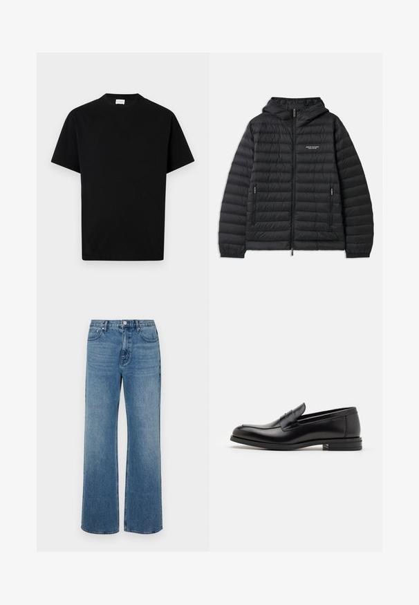 Pudret sort jakke med hætte, lynlås foran og to sidelommer. Har et logo på venstre bryst og en struktureret, quiltet design.; Sort bomuld t-shirt med rund hals, korte ærmer og lige snit. Ingen synlige mønstre eller hardwaredetaljer.; Bredde ben blå jeans lavet af denim med en falmet finish. Har fem lommer, en frontknaplukning og en lige pasform.; Sorte læderloafers med en glat overflade, rund tå og en dekorativ strop over vampen. Lav hæl med stabeldesign, minimalistisk stil.