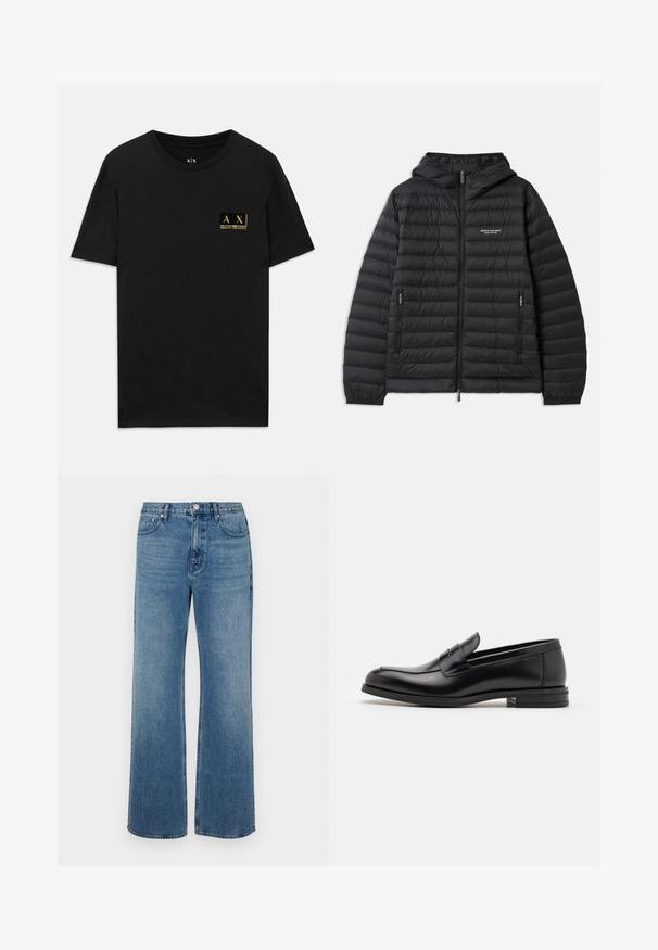 Padded black jacket with a hood, front zipper, and two side pockets. Features a logo on the left chest and textured, quilted design.; Black cotton t-shirt with a round neckline. Features a small gold logo patch on the left chest with "AX Armani Exchange" text. Classic fit.; Wide-leg blue jeans made of denim with a faded finish. Features five pockets, a front button closure, and a straight cut.; Black leather loafers with a smooth texture, rounded toe, and a decorative strap across the vamp. Low stacked heel, minimalist design.