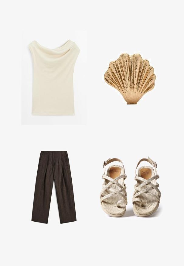 Geknipte bruine wikkeltop met brede mouwen, gemaakt van textiel met een structuur. Bevat een diepe V-hals en een decoratieve sluiting aan de voorkant.; Beige off-shoulder top van zacht, lichtgewicht materiaal. Heeft een gedrapeerd ontwerp met korte mouwen en een gladde textuur.; Donkerbruine broek van een gestructureerde stof, met een wijd uitlopende pijp, een geplooide voorkant en zijzakken voor een gestructureerd silhouet.; Beige geweven sandalen met kruisbandontwerp, gemaakt van gestructureerde natuurlijke vezels, met een platte zool en een verstelbare enkelriem.; Goudkleurig schelpevormig decoratief stuk met een gematteerd oppervlak en een geribbelde design, voorzien van een vlakke basis voor stabiliteit.