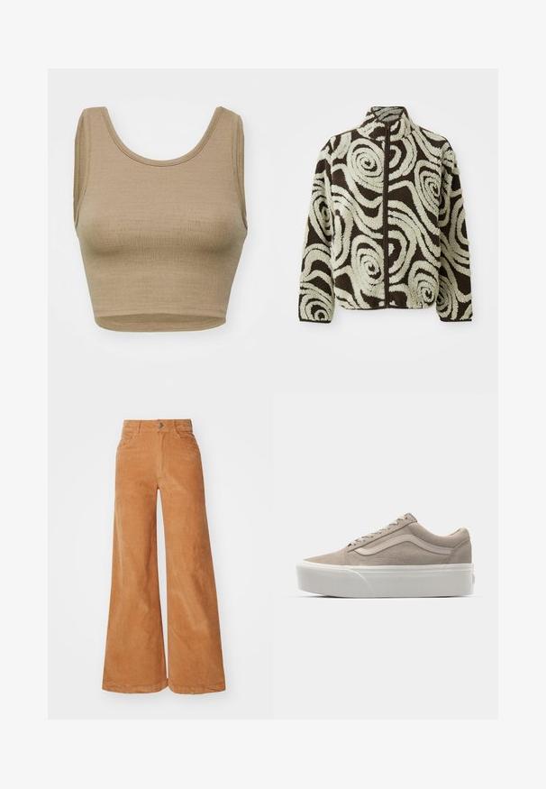 Barna és krémszínű bolyhos dzseki spirális mintákkal, teljes elöl cipzárral, magas gallérral és hosszú ujjakkal.; Beige, rövidített pántnélküli felső texturált kötött anyagból, kerek nyakkivágással és széles karöltőkkel, letisztult, egyszerű szabással és záródás nélkül.; Bordó kordbársony széles lábú nadrág meleg barna színben, magas derékkal, gombos záródással és két elülső zsebbel. Simás textúra és látható varrási részletek.; Beige velúrbőrből készült alacsony szárú sportcipő, fehér gumi talppal, lekerekített orral és lapos fűzős kialakítással. Oldalán egy árnyalatnyival világosabb csíkkal.