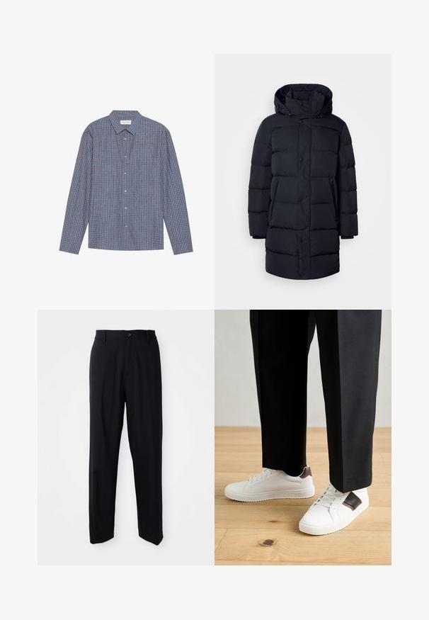 Cappotto piumino nero con cappuccio, caratterizzato da un design trapuntato, bottoni a pressione e tasche con zip. Realizzato in tessuto liscio e leggero.; Camicia a maniche lunghe a scacchi blu e marrone con colletto a punta, chiusura a bottoni e polsini singoli. Tessuto morbido, vestibilità regolare.; Pantaloni neri a gamba dritta con passanti per cintura, chiusura a bottone e un design elegante e minimale su uno sfondo neutro.; Sneakers bianchi dalla texture liscia, con dettagli in pelle marrone e particolari neri, abbinati a pantaloni neri su misura. Sfondo in parquet.