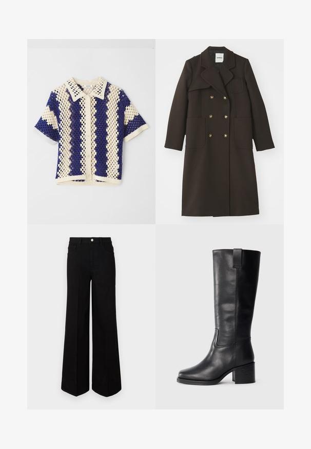 Pruun topeltpunutud mantel, millel on sakiline kaelus, suured eesmine taskud, kuldse tooni nupud ja kohandatud siluett villase segu kangast.; Lühikeste varrukatega kudumissärk, millel on kraega kaelus, kreemi- ja tumesinise suurte rombide mustriga, nööbiga ees ja tekstuuriga viimistlus.; Mustad mustad laiad teksad, millel on kõrge vöökoht, ees taskud ja ees nuppude sulgemine. Üksik serv all.; Musthave mustad nahktoodete bikiinibootid, millel on sile pind, ruudukujuline varvas, plokk-kand ja külgmine tõmbeaas, minimaalse õmblusega detailid.