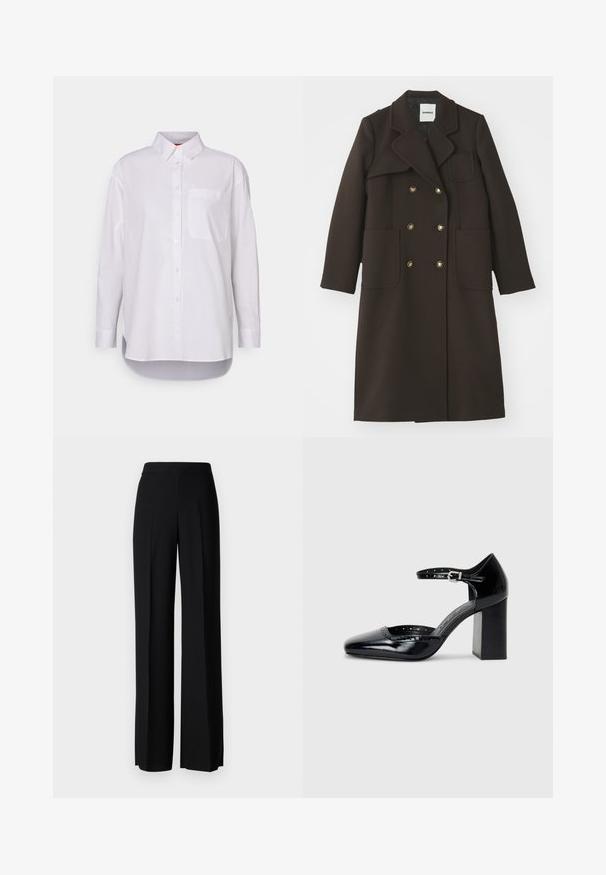 Brun dobbeltradet frakke med notched krave, store forlommer, guldtonede knapper og en skræddersyet silhuet i en uldblanding.; MAX&Co. BARI - Skjortebluser - weiss; Sorte vide benbukser med en glat tekstur, der har en høj talje og centerfolder. Ingen synlige mønstre eller hardware detaljer.; Sorte patenterede læder højhælede sko med firkantet tå, ankelrem og en kraftig hæl. Inkluderer perforerede detaljer langs kanten.