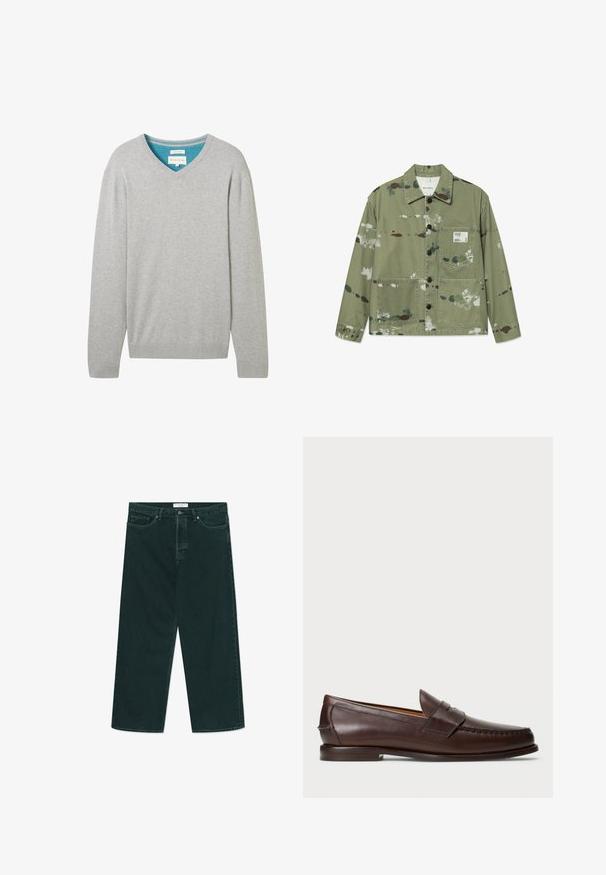 Canvas jack in gedempt groen met multicolor verfsplatten. Beschikt over een knoopsluiting aan de voorkant, twee opgestikte zakken en een label op de borst.; Grijze lange mouwen trui met V-hals, gemaakt van katoen. Heeft een contrasterende blauwe binnenhals. Geribbelde boorden en zoom.; Donkergroene spijkerbroek met wijdere pijpen, voorzien van een knoop- en ritsclosure, voorzakken en riemlussen, plat gelegd op een witte achtergrond.; Donkerbruine leren penny loafer met lage hak, gestikte moc-toe en banddetail over de bovenkant, gepresenteerd tegen een witte achtergrond.