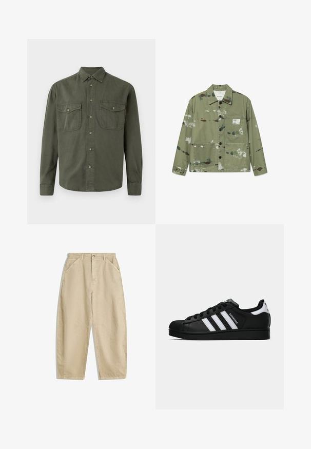 Giacca in canvas di un verde tenue con macchie di vernice multicolore. Presenta chiusura frontale con bottoni, due tasche applicate e un'etichetta sul petto.; Camicia a maniche lunghe khaki in cotone. Presenta una chiusura con bottoni sul davanti, due tasche sul petto con pattina e un colletto classico. Design semplice.; Felpa a manica lunga con collo rotondo di colore grigio scuro, realizzata in un morbido misto cotone. Presenta polsini e collo a costine con una finitura liscia e leggermente testurizzata.; Pantaloni beige in cotone a gamba larga con vita alta, dotati di tasche frontali e chiusura con bottone anteriore. Tessuto liscio con cuciture pulite.; Sneaker nera Adidas Superstar con strisce bianche, punta a conchiglia e testo "Superstar" su un lato, mostrata in profilo laterale su sfondo bianco.