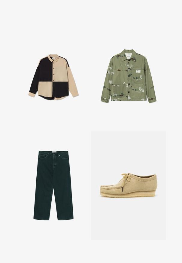 Plátenná bunda v tlmenej zelenej farbe s viacfarebnými škvrnami od farby. Má predné zapínanie na gombíky, dve náprsné vrecká a označenie na hrudi.; Košeľa na gombíky s patchworkovým dizajnom, obsahujúca béžové a čierne sekcie, dlhé rukávy a špicatý golier. Hladká textúra s gombíkmi.; Tmavo zelené široké denimové nohavice s gombíkom a zipsom, prednými vreckami a pútkom na opasok, položené na bielom pozadí.; Bežové semišové topánky s dizajnom na šnurovanie, prešívaním a gumovou podrážkou. Tvar je neformálny s mierne vyvýšeným opätkom.