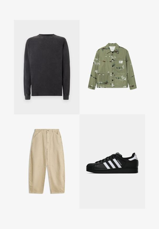 Kurtka płócienna w stonowanym zielonym kolorze z wielokolorowymi plamami farby. Posiada zapięcie na guziki z przodu, dwie kieszenie naszywane oraz metkę na klatce piersiowej.; Długi rękaw crewneck w kolorze ciemnoszarym, wykonany z miękkiej mieszanki bawełny. Posiada ściągacze przy mankietach i dekolcie oraz gładkie, lekko teksturowane wykończenie.; Beżowe spodnie z szerokimi nogawkami wykonane z bawełny, z wysokim stanem, posiadające kieszenie z przodu oraz zapięcie na guzik z przodu. Gładka tekstura z czystymi szwami.; Czarne sneakersy Adidas Superstar z białymi paskami, noskiem w kształcie muszli i napisem "Superstar" na boku, zaprezentowane w profilu bocznym na białym tle.