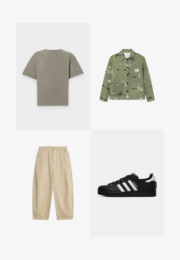 Canvas jacket in muted green with multicolor paint splatters. Features front button closure, two patch pockets, and a label on the chest.; Short-sleeve, crew-neck t-shirt in a muted green color. Made from soft cotton with a smooth texture and clean edges. No visible logos or patterns.; Wide-leg beige cotton pants with a high waist, featuring front pockets and a front button closure. Smooth texture with clean seams.; Black Adidas Superstar sneaker with white stripes, shell toe, and "Superstar" text on side, shown in side profile on white background.