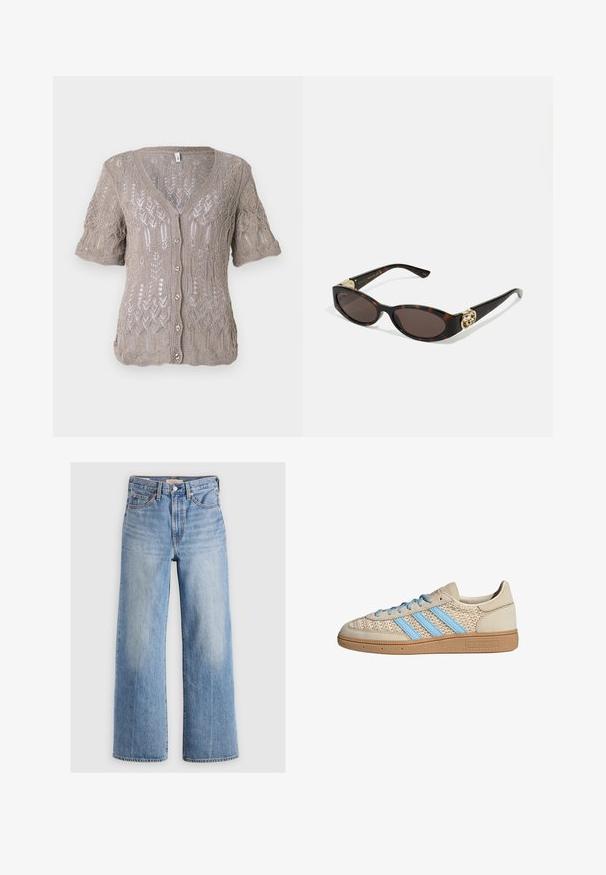 Lühendatud denimpukk kerge sinise värviga. Omab klassikalist kraed, nööbitavat eesmist osa, kahte rinna taskut ja kulunud serva. Valmistatud pehmest puuvillast.; Kootud kardigan heleses pruunis, lühikeste varrukatega, V-kaelusega, nööbigaClosure ja keeruka avatud mustriga kogu ulatuses.; Valge ilma varrukateta top, reguleeritavate rihmadega, taljesse istuv disain, sile kangatekstuur ja ümmargune kaelus. Ilma mustrite ja seadmeteta.; Heledad sinine teksariidest laiad püksid, kõrge vöökoht, pleekinud alad, viis taskut ja kontrastne õmblus. Klassikaline nööp ja tõmblukk.; Beežid tossud, millel on tekstuurne kudumine, helesinised triibud ja pruun kummitald. Omab ümmargusi paelu ja logo detaili küljel.; Kilpkonnakilbi stiilis prillid piklik-ovaalsete läätsede, pruunika tooniga, kuldsete logo aktsentidega templitel ja elegantsed mustad varred.