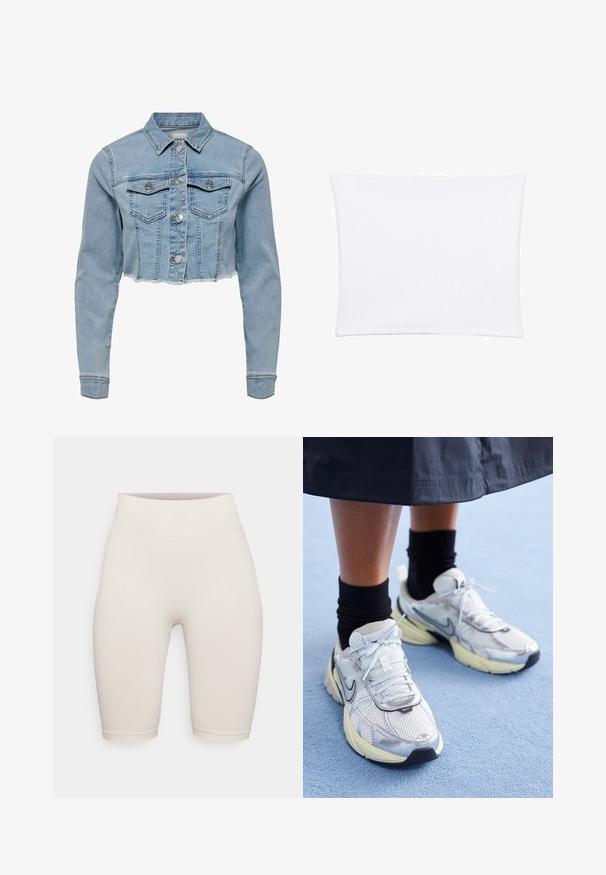 Zkrácená denimová bunda ve světle modré barvě. Obsahuje klasický límec, zapínání na knoflíky, dvě náprsní kapsy a třepený lem. Vyrobena z měkké bavlny.; Bílý povlak na polštář s hladkým, jemným povrchem, s obdélníkovým tvarem a čistými okraji, navržený pro standardní velikosti polštářů.; Krémové žebrované cyklistické šortky s vysokým pasem, s hladkým povrchem a těsným střihem, končící těsně nad kolenem.; Bílé a stříbrné tenisky Nike z prodyšné tkaniny s reflexními akcenty a béžovou podrážkou. Nosené s černými ponožkami, stojící na modrém povrchu.