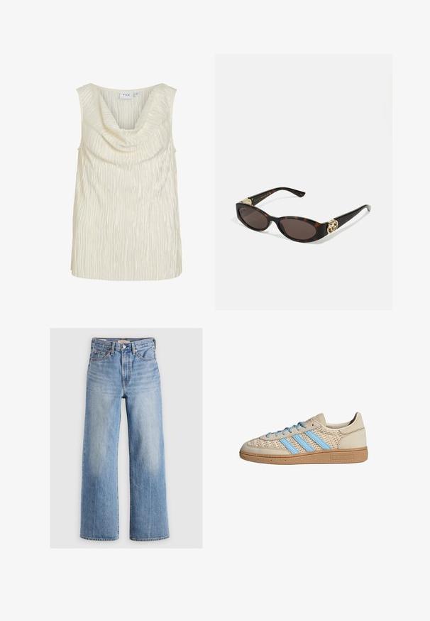 Zkrácená denimová bunda ve světle modré barvě. Obsahuje klasický límec, zapínání na knoflíky, dvě náprsní kapsy a třepený lem. Vyrobena z měkké bavlny.; Bezramenný top v krémové barvě s volně zavěšeným výstřihem a texturovaným, žebrovaným vzorem. Hladká tkanina s lehkým leskem.; Světle modré džínové široké nohavice s vysokým pasem, vybledlými oblastmi, pěti kapsami a kontrastním prošitím. Klasické zapínání na knoflík a zip.; Krémová sneaker s texturovaným pleteným svrškem, světle modrými pruhy a hnědou gumovou podrážkou. Disponuje kulatými tkaničkami a detailem loga na boku.; Brýle sluneční s kočičím vzorem, prodloužené oválné čočky, hnědý odstín, zlaté logo na spáncích a elegantní černé nožičky.; Náušnice ve zlatém tónu z kovu s točeným designem a hladkým, lesklým povrchem a zaoblenými tvary. Každá měří přibližně 5 cm.