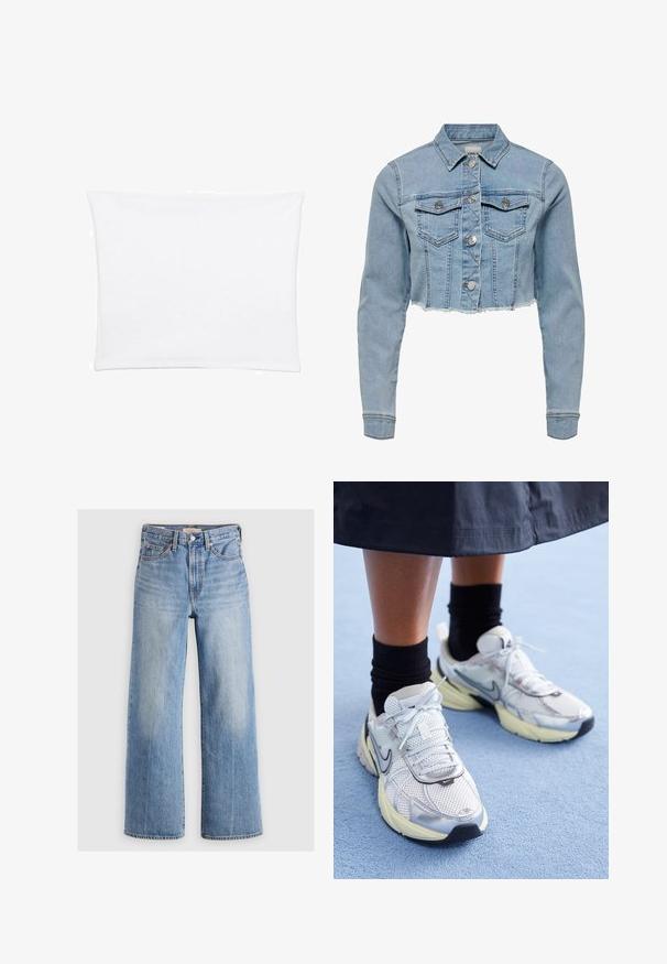 Krótkowana kurtka dżinsowa w jasnoniebieskim kolorze. Posiada klasyczny kołnierzyk, zapinanie na guziki, dwie kieszenie na piersi oraz postrzępiony dół. Wykonana z miękkiej bawełny.; Biała poszewka na poduszkę o gładkiej, miękkiej fakturze, w kształcie prostokąta i z wyraźnymi brzegami, zaprojektowana do standardowych rozmiarów poduszek.; Jasnoniebieskie dżinsowe spodnie o szerokich nogawkach z wysokim stanem, wyblakłe miejsca, pięć kieszeni oraz kontrastowe przeszycia. Klasyczne zapięcie na guzik i zamek błyskawiczny.; Białe i srebrne sneakersy Nike z siateczkowym materiałem, odblaskowymi akcentami i beżową podeszwą. Noszone z czarnymi skarpetkami, stojące na niebieskiej powierzchni.