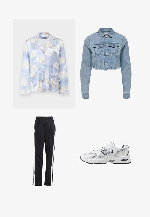 Cropped denim jacket in light blue. Features a classic collar, buttoned front, two chest pockets, and frayed hem. Made of soft cotton.; Silk pajama shirt in light blue with cloud patterns, featuring a notched collar, five buttons, and two front pockets with pale pink trim.; Black track pants with white side stripes, elastic waistband, and a logo patch. Made from smooth, lightweight fabric. Straight leg design.; White athletic shoe with mesh upper, navy accents, and cushioned sole. Features "N" logo, laces, and textured detail on side.