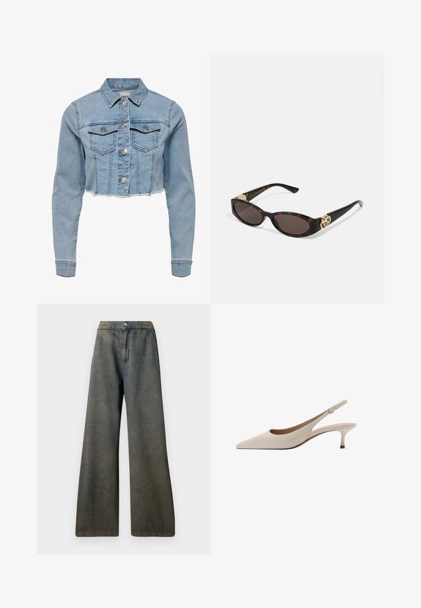 Chaqueta de mezclilla recortada en azul claro. Presenta un cuello clásico, frente abotonado, dos bolsillos en el pecho y dobladillo deshilachado. Fabricada en suave algodón.; Camiseta de algodón blanca con mangas cortas y escote redondo. Presenta un corte relajado y un diseño minimalista sin patrones ni acentos.; Pantalones de pierna ancha de denim, con un color azul-gris desvaído, cierre de botón y costuras rectas. Tejido texturizado con un suave brillo.; Tacones slingback beige con punta afilada y un tacón bajo y acampanado. Fabricados en cuero suave con un diseño minimalista y correa ajustable.; Gafas de sol carey con lentes ovalados alargados, tintado marrón, acentos de logo dorado en las patillas y brazos negros elegantes.; Bolso de cuero blanco con herrajes dorados, con cierre de solapa y una correa desmontable y ajustable. Adorno metálico redondeado en el centro.