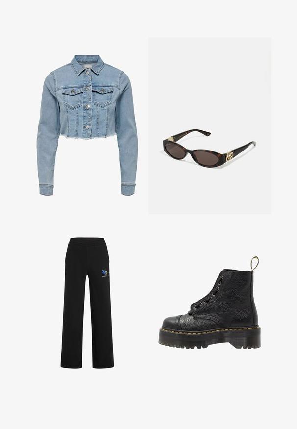 Chaqueta de mezclilla recortada en azul claro. Presenta un cuello clásico, frente abotonado, dos bolsillos en el pecho y dobladillo deshilachado. Fabricada en suave algodón.; Top de tirantes blanco con canalé, con un cuello redondo, diseño sin mangas y largo corto. La etiqueta dice "JJXX". Textura de tela suave.; Pantalones de chándal negros hechos de un tejido suave, con una cintura elástica, diseño de pierna recta y un logo azul y dorado en el lado izquierdo.; Botín negro de cuero con superficie texturizada, punta redonda, diseño de cordones, costuras amarillas y una gruesa suela de plataforma negra estriada.; Gafas de sol carey con lentes ovalados alargados, tintado marrón, acentos de logo dorado en las patillas y brazos negros elegantes.
