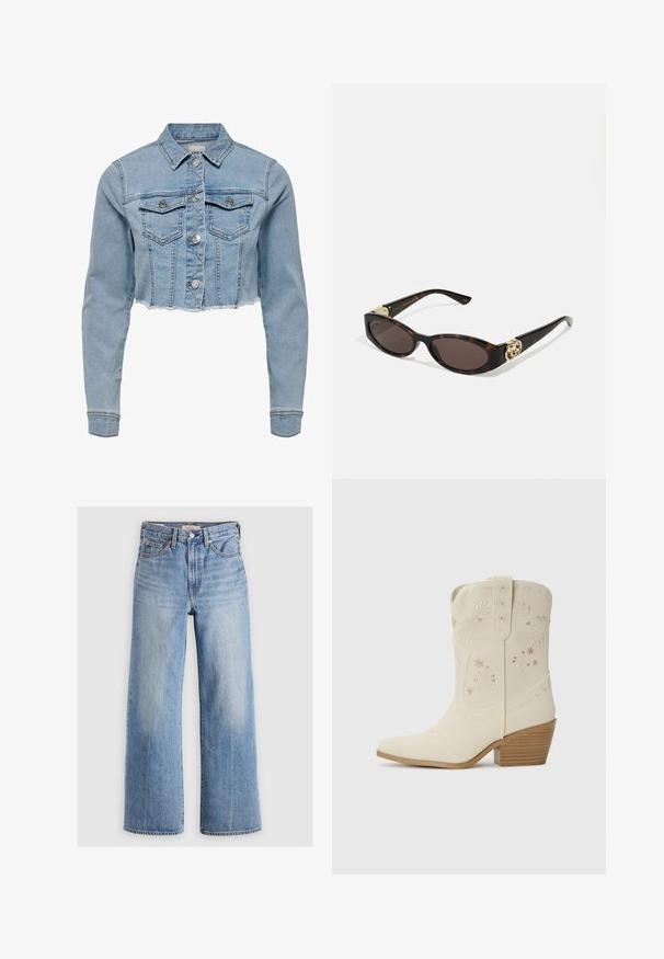 Cropped denim jacket in light blue. Features a classic collar, buttoned front, two chest pockets, and frayed hem. Made of soft cotton.; White sleeveless top with adjustable straps, fitted design, smooth fabric texture, and a round neckline. No patterns or hardware details.; Light blue denim wide-leg jeans with a high waist, faded areas, five pockets, and contrast stitching. Classic button and zipper closure.; White leather cowboy boot with floral embroidery, pointed toe, and a stacked wooden heel. Features decorative stitching on the shaft.; Tortoiseshell sunglasses with elongated oval lenses, brown tint, gold logo accents on temples, and sleek black arms.