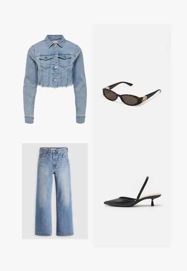 Krótkowana kurtka dżinsowa w jasnoniebieskim kolorze. Posiada klasyczny kołnierzyk, zapinanie na guziki, dwie kieszenie na piersi oraz postrzępiony dół. Wykonana z miękkiej bawełny.; Biała bezrękawnik z regulowanymi ramiączkami, dopasowany krój, gładka tekstura materiału i okrągły dekolt. Brak wzorów i detali metalowych.; Jasnoniebieskie dżinsowe spodnie o szerokich nogawkach z wysokim stanem, wyblakłe miejsca, pięć kieszeni oraz kontrastowe przeszycia. Klasyczne zapięcie na guzik i zamek błyskawiczny.; Czarne buty typu slingback na szpilce z ostrym noskiem, gładkim matowym wykończeniem, niskim kanciastym obcasem i minimalistycznym wzornictwem. Posiadają cienki pasek w okolicy kostki.; Słoneczne okulary w kolorze żółwi z wydłużonymi owalnymi soczewkami, brązowym odcieniem, złotymi akcentami logo na zausznikach oraz smukłymi czarnymi ramionami.