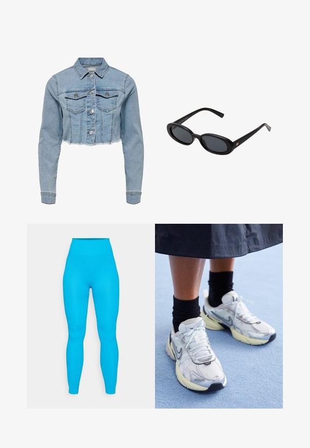 Világoskék, cropped farmerdzseki. Klasszikus gallérral, gombos elülső résszel, két mellzsebbel és rongyos szegéllyel rendelkezik. Puha pamutból készült.; Fehér ujjatlan felső állítható pántokkal, testhez simuló kivitel, sima szövettextúra és kerek nyakkivágás. Nincsenek minták vagy fémrészek.; Csíkozott kék leggings, magas derékkal, testhezálló fazonnal és sima textúrával, alkalmas sportos vagy hétköznapi viseletre.; Fehér és ezüst Nike sportcipők hálós anyagból, fényvisszaverő részletekkel és bézs talppal. Fekete zoknival viselve, egy kék felületen állva.; Fekete, oversize napszemüveg ovális lencsékkel, sima műanyag kerettel és arany részletekkel a fülpánton. Sötét lencséi védelmet nyújtanak a napfény ellen.