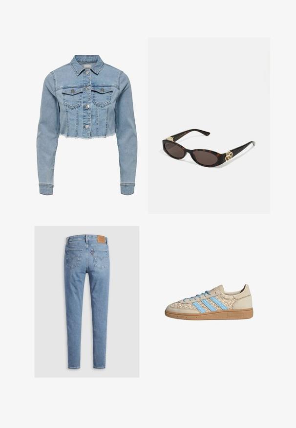 Chaqueta de mezclilla recortada en azul claro. Presenta un cuello clásico, frente abotonado, dos bolsillos en el pecho y dobladillo deshilachado. Fabricada en suave algodón.; Top blanco sin mangas con tirantes ajustables, diseño ajustado, textura de tela suave y escote redondo. Sin patrones ni detalles de hardware.; Vaqueros de denim azul claro con corte ajustado, que presentan un parche de cuero en la cintura y dos bolsillos traseros con sutiles detalles de costura.; Zapatilla beige con parte superior de punto texturizado, rayas azul claro y suela de goma marrón. Presenta cordones redondos y detalle de logo en el lateral.; Gafas de sol carey con lentes ovalados alargados, tintado marrón, acentos de logo dorado en las patillas y brazos negros elegantes.