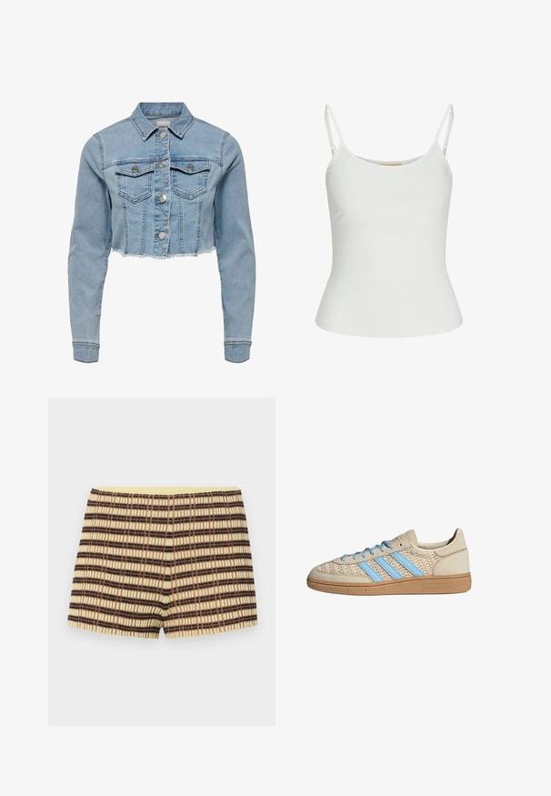 Korta jeansjacka i ljusblå färg. Har en klassisk krage, knäppning fram, två bröstfickor och fransad nederkant. Tillverkad av mjuk bomull.; Vit ärmlös topp med justerbara band, figursydd design, mjuk tygtextur och rund halsringning. Inga mönster eller metalldetaljer.; stickade shorts i beige med bruna och svarta ränder; har en ribbad textur och ett elastiskt gult midjeband.; Beige sneaker med en texturerad meshöverdelen, ljusblå ränder och brun gummisula. Har rund snörning och logotypdetalj på sidan.