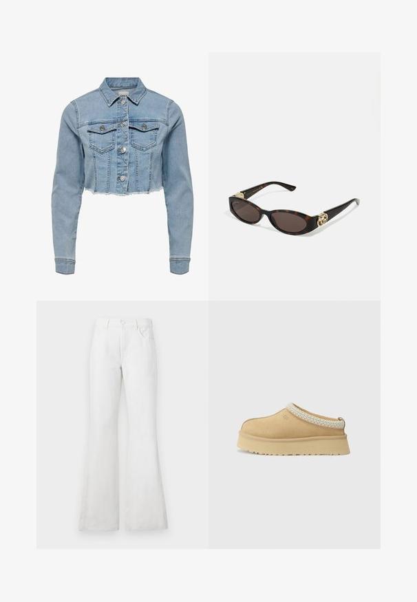 Giacca di jeans cropped in blu chiaro. Presenta un collo classico, chiusura con bottoni, due tasche sul petto e orlo sfrangiato. Realizzata in cotone morbido.; Top bianco senza maniche con spalline regolabili, design aderente, tessuto liscio e scollo rotondo. Nessun motivo o dettagli in metallo.; Jeans in denim bianco a vita alta con orlo svasato, dotati di tasche anteriori, passanti per cintura e chiusura con bottone classico. Tessuto liscio, design casual.; Scarpa slip-on in suede color sabbia con colletto imbottito e accento in tessuto blu chiaro testurizzato. Presenta una suola spessa e resistente con battistrada decorato.; Occhiali da sole tartarugati con lenti ovali allungate, tonalità marrone, accenti dorati con logo sulle tempie e aste nere eleganti.
