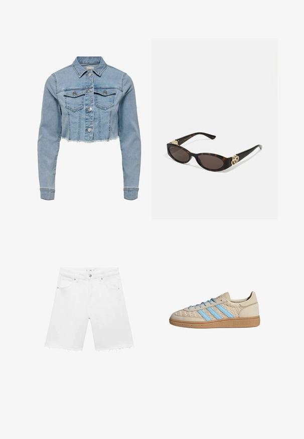 Jachetă din denim, tăiată, de culoare bleu deschis. Are un guler clasic, închidere cu nasturi, două buzunare pe piept și marginile desfăcute. Fabriată din bumbac moale.; Top alb fără mâneci, cu bretele ajustabile, design aderent, textură de țesătură netedă și decolteu rotund. Fără modele sau detalii metalice.; Șorturi din denimul alb cu tiv destrămat, cinci buzunare, închidere prin buton și detalii subțiri de cusătură pe spate. Croială standard și material ușor.; Adidași bej cu un superior din tricot texturat, dungi albastre deschise și talpă din cauciuc brun. Prezintă șireturi rotunde și detalii ale logo-ului pe lateral.; Ochelari de soare din țiglă cu lentile ovale alungite, nuanță maro, accente cu logo auriu pe brațele laterale și brațe negre elegante.