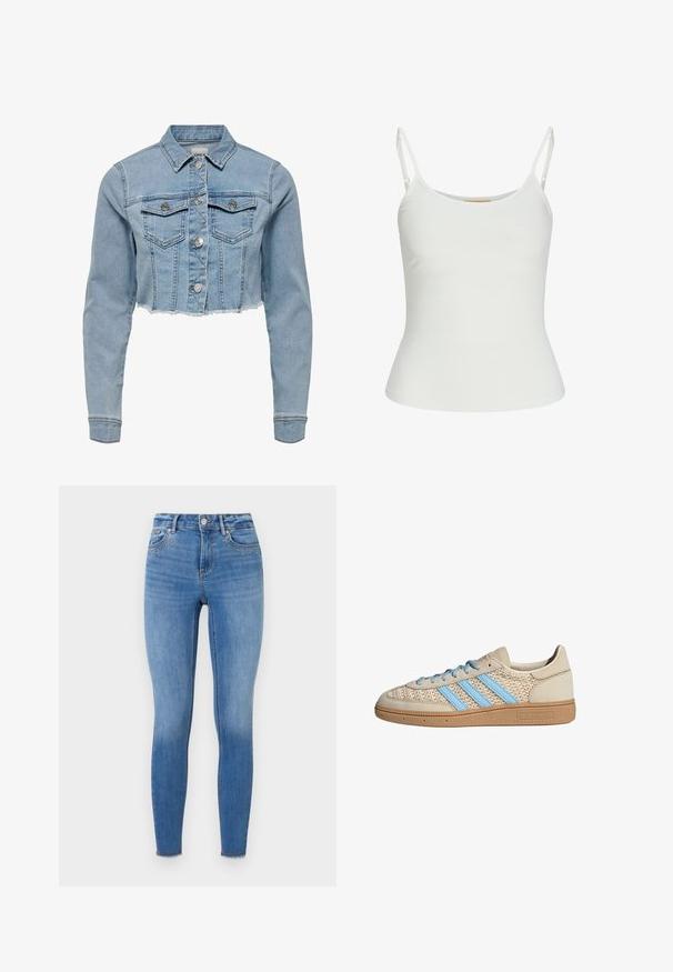 Chaqueta de mezclilla recortada en azul claro. Presenta un cuello clásico, frente abotonado, dos bolsillos en el pecho y dobladillo deshilachado. Fabricada en suave algodón.; Top blanco sin mangas con tirantes ajustables, diseño ajustado, textura de tela suave y escote redondo. Sin patrones ni detalles de hardware.; Pantalones vaqueros ajustados de denim azul claro, con remaches decorativos en la zona del bolsillo delantero y un dobladillo deshilachado en el tobillo.; Zapatilla beige con parte superior de punto texturizado, rayas azul claro y suela de goma marrón. Presenta cordones redondos y detalle de logo en el lateral.