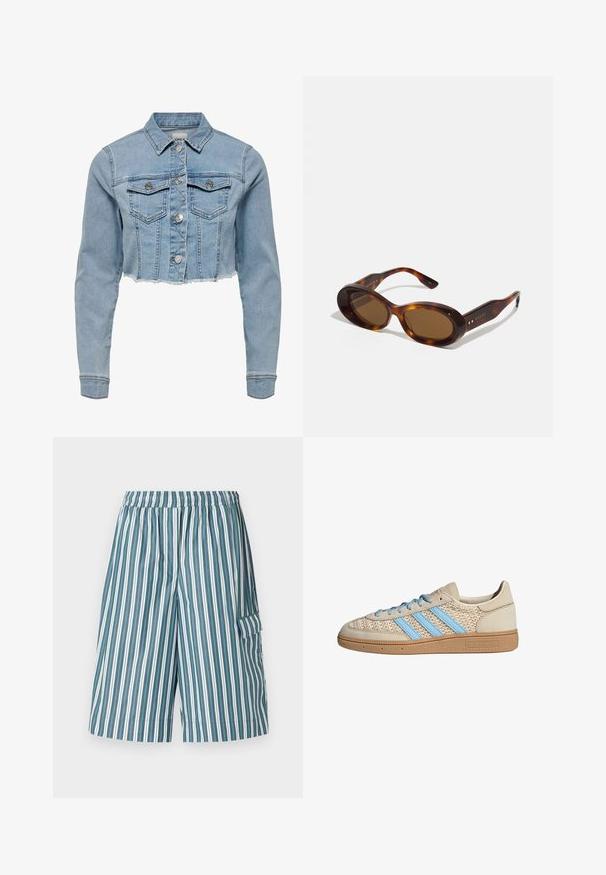 Kuttet denimjakke i lys blå. Har klassisk krage, knappet front, to brystlommer og frynset nederkant. Laget av myk bomull.; Hvit ermeløs topp med justerbare stropper, tettsittende design, glatt tekstur, og rund hals. Ingen mønstre eller detaljer i maskinvare.; Stripete shorts med elastisk midje, med vekslende grønne, hvite og blå vertikale striper, samt en sidelomme. Lett materiale.; Beige sneakers med teksturert strikket overdel, lyseblå striper og brun gummisåle. Har runde snører og logo detalj på siden.; Skilpaddeskall solbriller med ovale linser, brun nyanse og gullakenter på armene. Tykk ramme med blank finish og jevn tekstur.