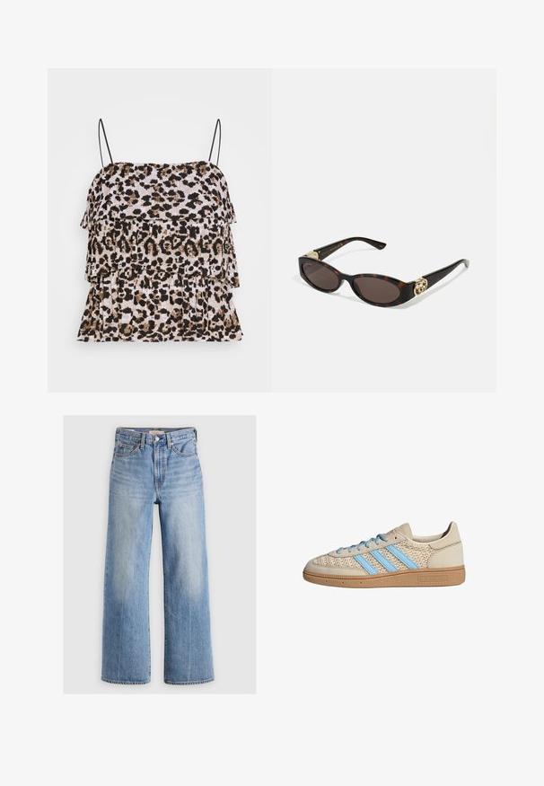 Beskarvet denimjakke i lys blå. Har en klassisk krave, knaplukning foran, to brystlommer og frynset kant. Fremstillet af blød bomuld.; Animal print tanktop med lagdelte flæser. Sorte spaghetti stropper. Blød, tekstureret stof i nuancer af beige, brun og sort.; Lys blå denim vid-leg jeans med høj talje, udvaskede områder, fem lommer og kontrastsyede detaljer. Klassisk knap- og lynlåslukning.; Beige sneakers med en tekstureret strik-overdel, lyseblå striber og brun gummisål. Har runde snørebånd og logodetalje på siden.; Skildpaddemønster solbriller med aflange ovale linser, brun farve, guldlogo accenter på stængerne og slanke sorte arme.