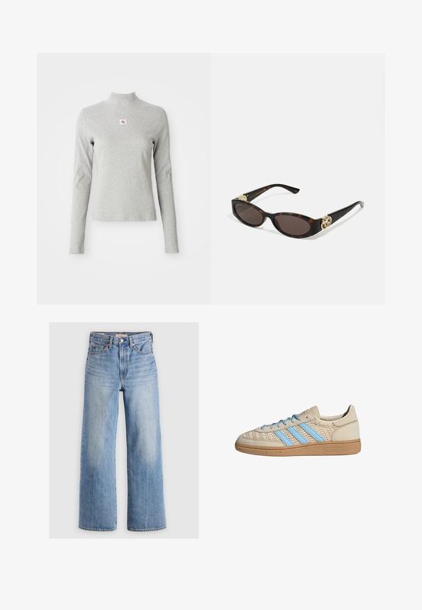 Cropped denim jacket in light blue. Features a classic collar, buttoned front, two chest pockets, and frayed hem. Made of soft cotton.; Gray long-sleeve turtleneck top in soft fabric, featuring a ribbed texture and a small CK logo in a white square on the chest.; Light blue denim wide-leg jeans with a high waist, faded areas, five pockets, and contrast stitching. Classic button and zipper closure.; Beige sneaker with a textured knit upper, light blue stripes, and brown rubber sole. Features round laces and logo detail on the side.; Tortoiseshell sunglasses with elongated oval lenses, brown tint, gold logo accents on temples, and sleek black arms.