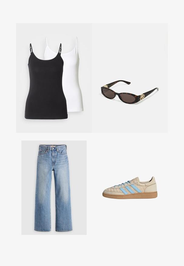 Beskarvet denimjakke i lys blå. Har en klassisk krave, knaplukning foran, to brystlommer og frynset kant. Fremstillet af blød bomuld.; Sorte og hvide bomulds camisoler med justerbare, tynde stropper, der har en tætsiddende pasform og glat tekstur.; Lys blå denim vid-leg jeans med høj talje, udvaskede områder, fem lommer og kontrastsyede detaljer. Klassisk knap- og lynlåslukning.; Beige sneakers med en tekstureret strik-overdel, lyseblå striber og brun gummisål. Har runde snørebånd og logodetalje på siden.; Skildpaddemønster solbriller med aflange ovale linser, brun farve, guldlogo accenter på stængerne og slanke sorte arme.