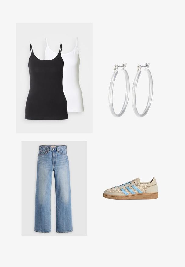 Unverkürzt geschnittene Jeansjacke in Hellblau. Sie verfügt über einen klassischen Kragen, eine durchgeknöpfte Vorderseite, zwei Brusttaschen und einen ausgefransten Saum. Hergestellt aus weicher Baumwolle.; Schwarze und weiße Baumwoll-Camisolen mit verstellbaren dünnen Trägern, die ein enganliegendes Design und eine glatte Textur aufweisen.; Helleblaue Jeans mit weitem Bein und hoher Taille, mit ausgewaschenen Stellen, fünf Taschen und Kontrastnähten. Klassische Knopf- und Reißverschlussöffnung.; Beige Sneaker mit einem strukturierten Strick-Obermaterial, hellblauen Streifen und brauner Gummisohle. Mit runden Schnürsenkeln und Logodetail an der Seite.; Silberne Creolen mit einer glatten, polierten Oberfläche. Runder Form und sicherem Klickverschluss. Leichtes Design, geeignet für den täglichen Gebrauch.