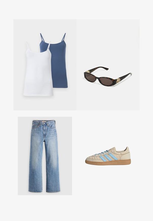 Šviesiai mėlynas, trumpintas džinsinis švarkas. Turi klasikinius apykaklės, sagčių užsegimą, dvi krūtines kišenes ir suplėšytą apačią. Pagamintas iš minkštos medvilnės.; Dviejų marškinėlių (cami) viršūnių rinkinys, vienas baltas, kitas mėlynas, su plonomis petnešomis, prigludusiu dizainu ir lygaus medvilnės mišinio medžiaga.; Šviesiai mėlyni džinsiniai kelnių plačiais kojomis ir aukštu liemeniu, su nusidėvėjusiomis vietomis, penkiomis kišenėmis ir kontrastinėmis siūlėmis. Klasikinis uždarymas mygtuku ir užtrauktuku.; Šviesiai rudas sportinis batai su tekstūruota megztine, šviesiai mėlynomis juostelėmis ir rudais gumos padais. Yra apvalūs raišteliai ir logotipo detalė šone.; Tortoise kiaurinių saulės akinių su pailgomis ovalo formos lęšiais, rudos spalvos atspalviu, auksinėmis logotipo detalėmis ant šakelių ir elegantiškais juodais rankenėlėmis.