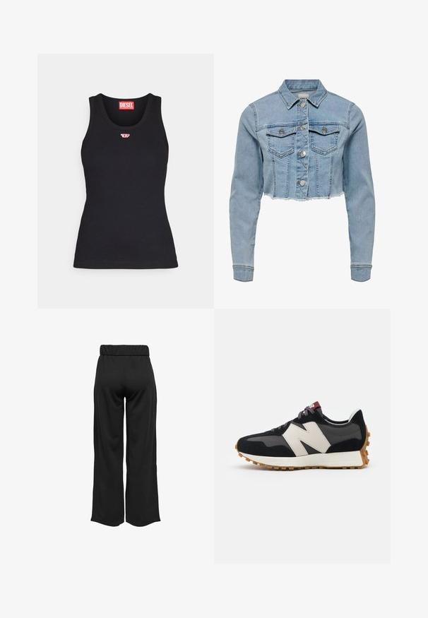 Skraćena traper jakna svijetloplave boje. Ima klasičan ovratnik, kopčanje na dugmiće, dva džepa na prsima i izlizani rub. Izrađena od mekog pamuka.; Crni top bez rukava od pamuka s okruglim izrezom, koji sadrži mali crveni logo na prsima te ima prilagođeni dizajn.; Crne hlače širokih nogavica s elastičnom waistbandom, izrađene od glatkog materijala. Imaju jednostavan dizajn bez džepova ili vidljivih šavova.; Crne i sive suede tenisice s velikim kremastim logom "N", ljubičastim pertlama i teksturiranim gumiranim potplatom.