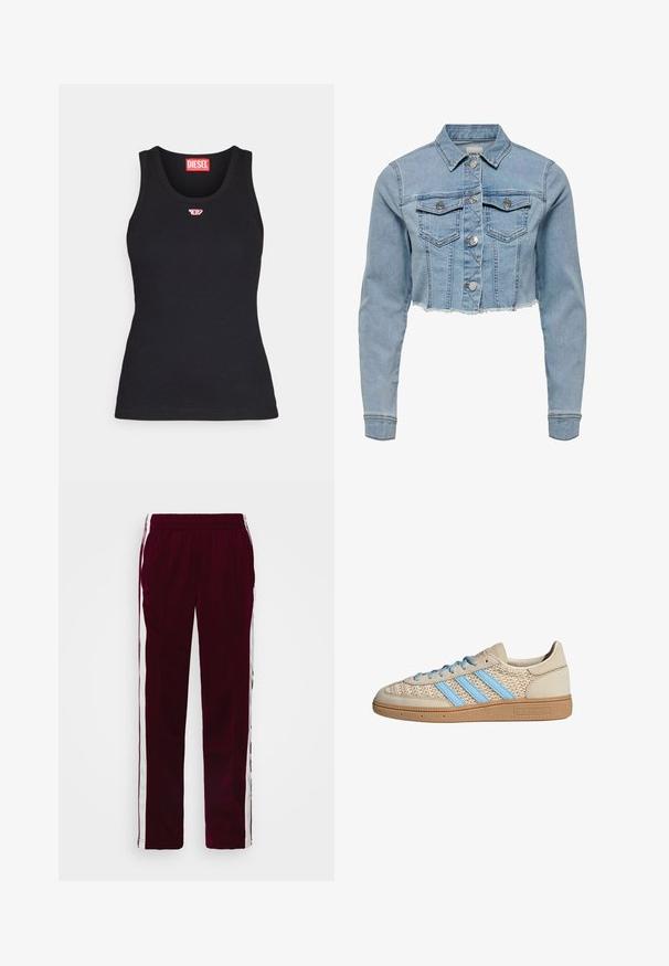 Šviesiai mėlynas, trumpintas džinsinis švarkas. Turi klasikinius apykaklės, sagčių užsegimą, dvi krūtines kišenes ir suplėšytą apačią. Pagamintas iš minkštos medvilnės.; Juodas medvilnės tanktopas su apvaliu iškirpimu, turintis mažą raudoną logotipą ant krūtinės ir prigludusią formą.; Burgundi spalvos sportinės kelnės su raišteliu juosmenyje, baltomis šoninėmis juostelėmis ir siauru siluetu. Pagamintos iš lygaus, lengvo audinio.; Šviesiai rudas sportinis batai su tekstūruota megztine, šviesiai mėlynomis juostelėmis ir rudais gumos padais. Yra apvalūs raišteliai ir logotipo detalė šone.